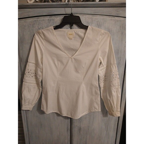 Maeve white  embroidered sleeve top size 2 Cottage Core Boho Feminine - Picture 2 of 8